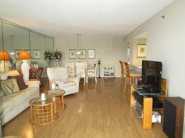 living room with hardwood / wood-style floors and a textured ceiling