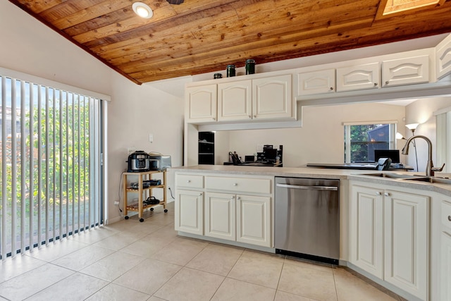 kitchen featuring light tile patterned flooring, wood ceiling, lofted ceiling, and stainless steel dishwasher