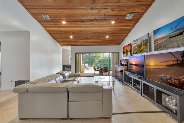 living room with light tile patterned floors, visible vents, wooden ceiling, and vaulted ceiling