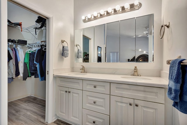 bathroom with a walk in closet, double vanity, wood finished floors, and a sink