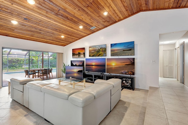 living room featuring recessed lighting, wood ceiling, baseboards, and light tile patterned floors