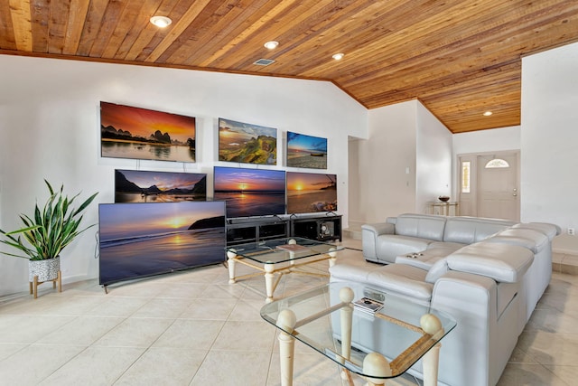 living room featuring tile patterned flooring, baseboards, wood ceiling, lofted ceiling, and recessed lighting