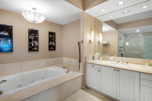 bathroom featuring vanity, plus walk in shower, and tile patterned flooring