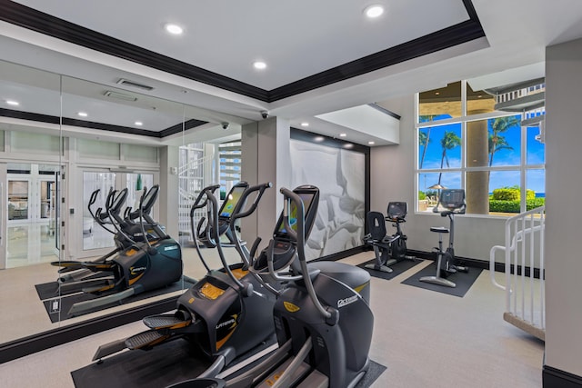 exercise room featuring french doors, ornamental molding, and a raised ceiling