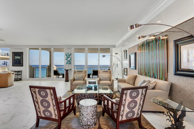 living room with crown molding and a water view