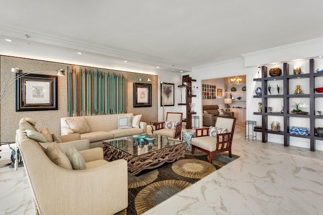 living room with crown molding