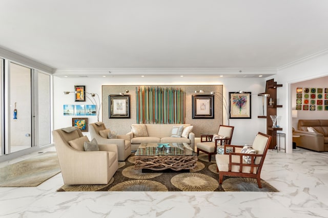 living room with ornamental molding