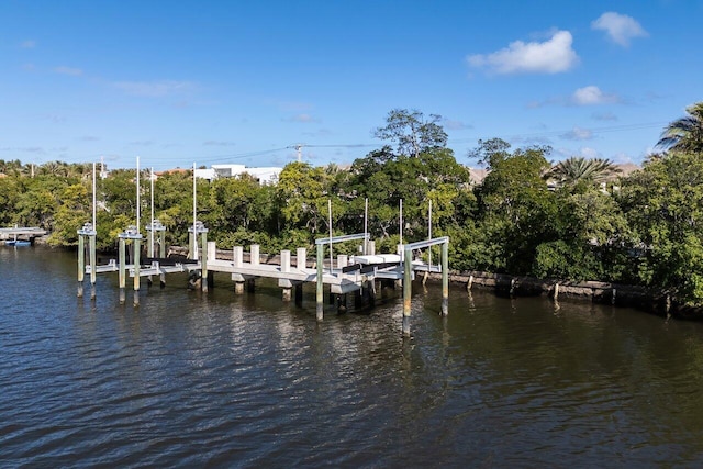 1160 S Ocean Blvd, Manalapan, FL 33462 - dock with boat lift, a water view, and view of wooded area