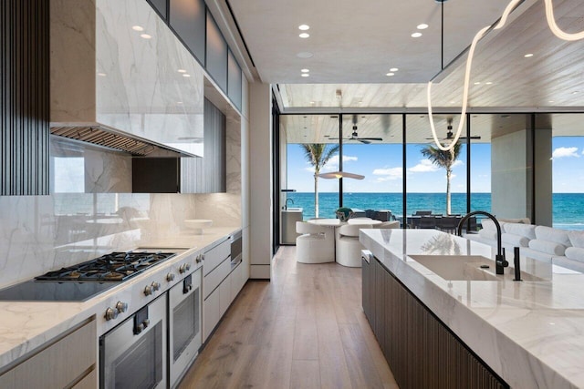 kitchen featuring light hardwood / wood-style flooring, sink, a water view, light stone countertops, and decorative backsplash