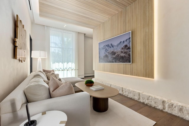 living room with a baseboard radiator and hardwood / wood-style flooring