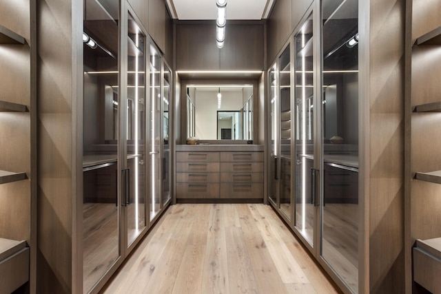 walk in closet with light wood-type flooring