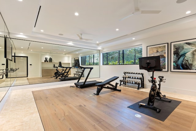 exercise area featuring light hardwood / wood-style flooring and ceiling fan