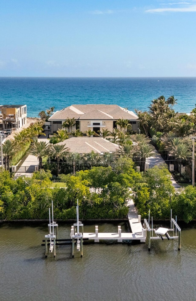 aerial view featuring a water view