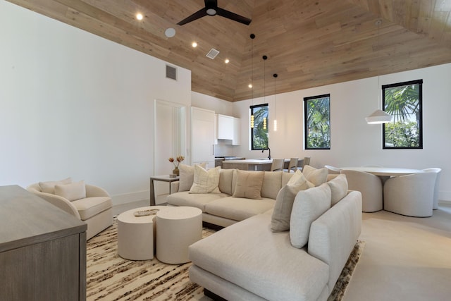 living room featuring high vaulted ceiling, ceiling fan, and wooden ceiling