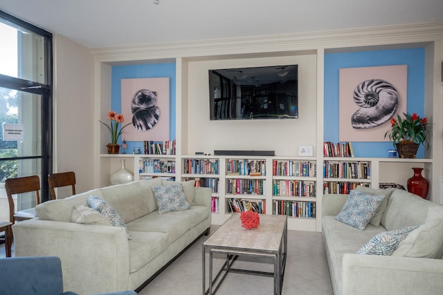 living room featuring a wall of windows