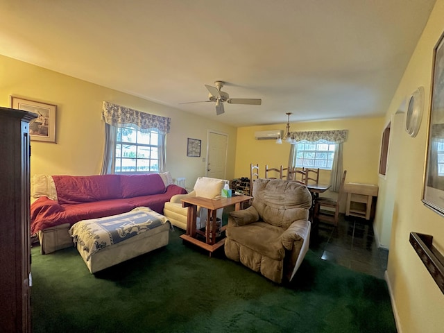 carpeted living room with ceiling fan and a wall unit AC