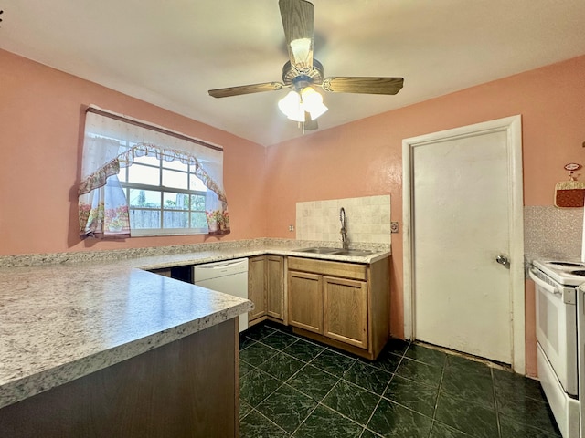 kitchen with ceiling fan, white appliances, sink, and backsplash