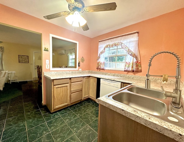 kitchen with ceiling fan, a wall mounted air conditioner, white dishwasher, and sink