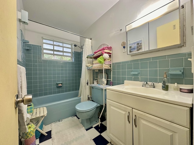 full bathroom featuring tile walls, vanity, toilet, and shower / tub combo with curtain