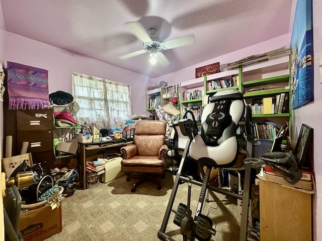 carpeted office space featuring ceiling fan