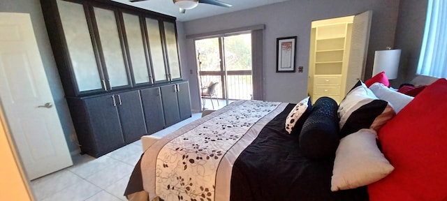 bedroom with light tile patterned floors and ceiling fan