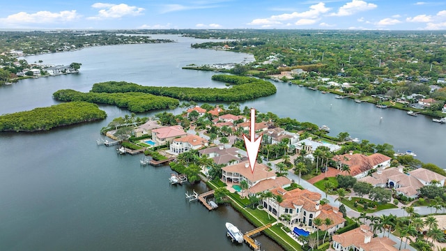 aerial view featuring a water view