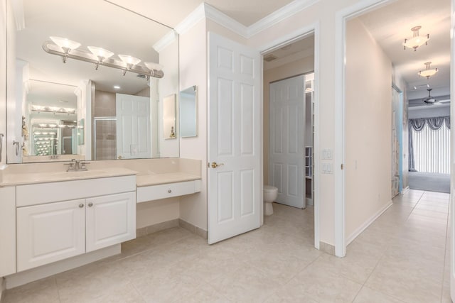 full bathroom featuring toilet, baseboards, a stall shower, and ornamental molding