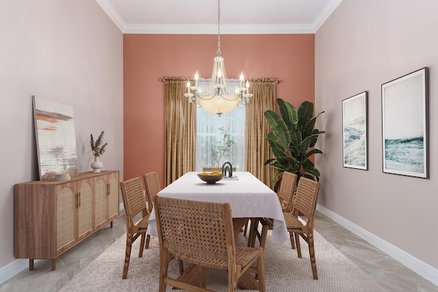 dining space with ornamental molding and a chandelier