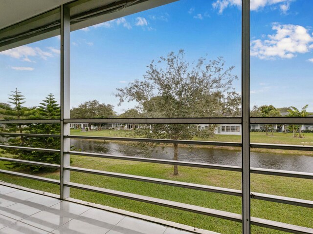 interior space featuring a water view