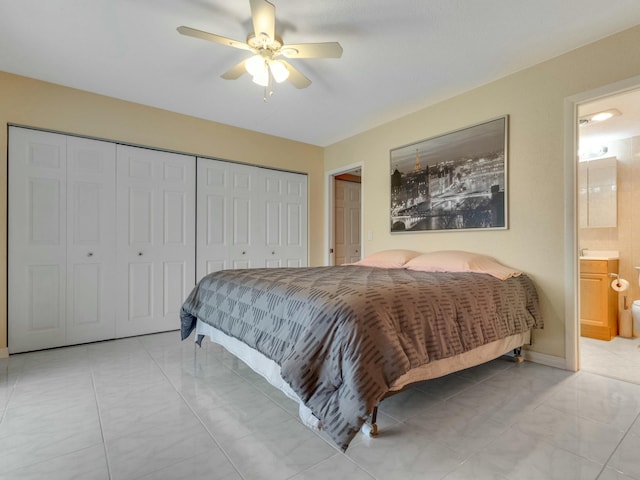 bedroom featuring ceiling fan, ensuite bath, and a closet