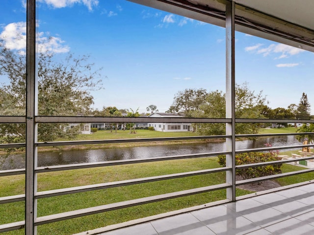 interior space with a water view