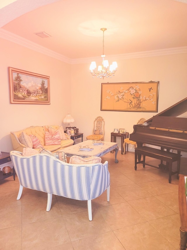 living area with an inviting chandelier, light tile patterned flooring, visible vents, and ornamental molding