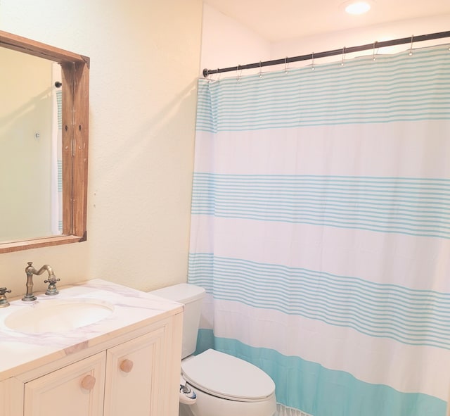 full bathroom with toilet, vanity, and a shower with curtain