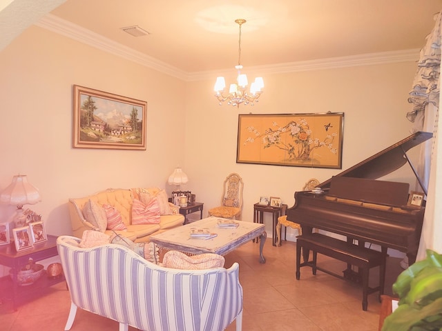 living area with tile patterned flooring, crown molding, a notable chandelier, and visible vents