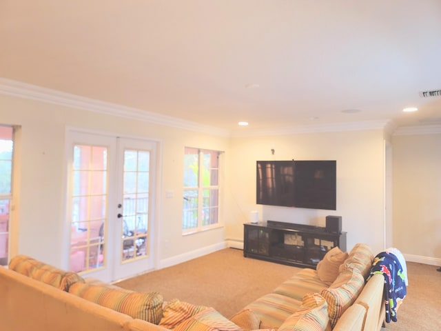 carpeted living room featuring recessed lighting, visible vents, baseboards, and crown molding