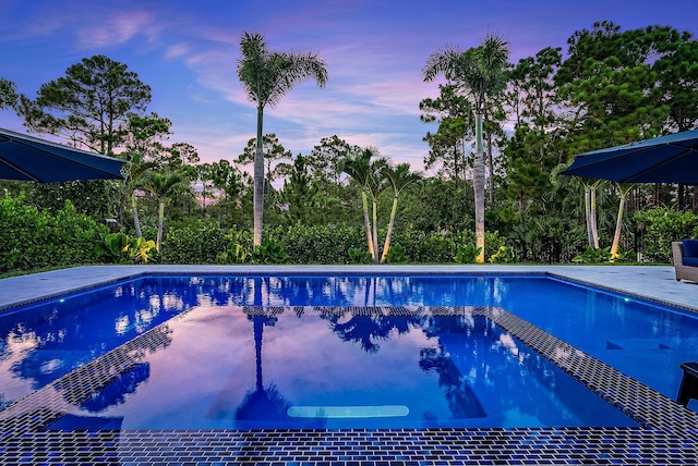 pool at dusk with an outdoor pool and a patio