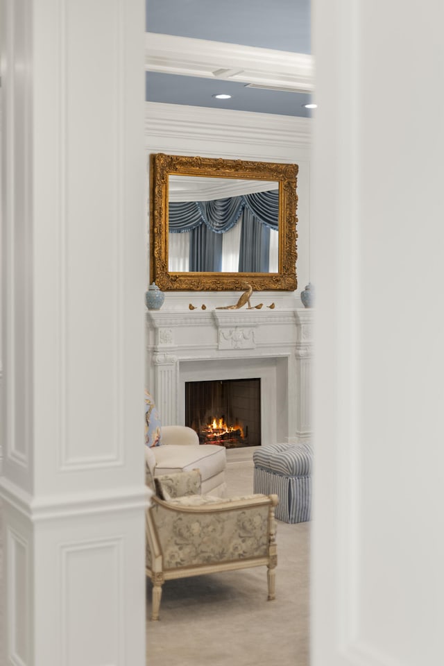 interior details with a premium fireplace