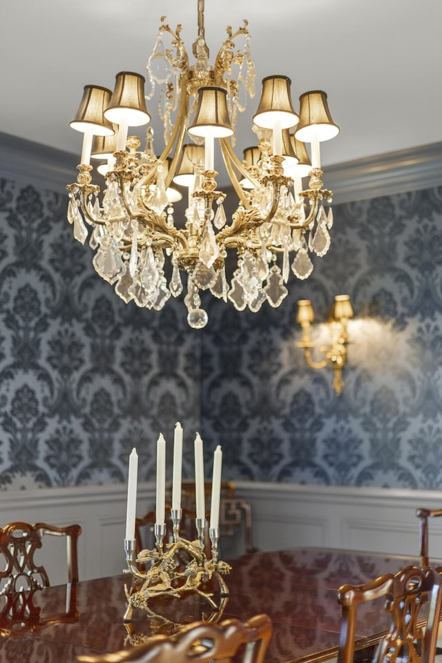 room details featuring wallpapered walls, a wainscoted wall, and ornamental molding