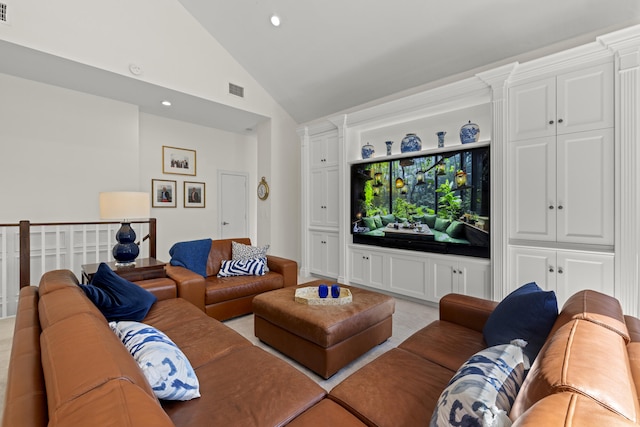 living area featuring recessed lighting, visible vents, and high vaulted ceiling