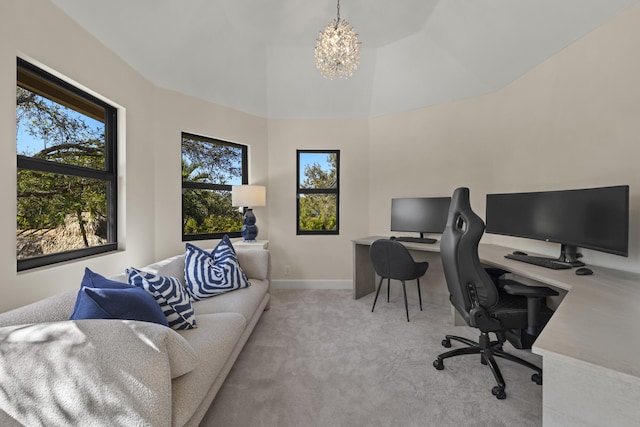 carpeted office featuring baseboards and an inviting chandelier