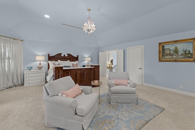 bedroom featuring light carpet, lofted ceiling, recessed lighting, an inviting chandelier, and baseboards