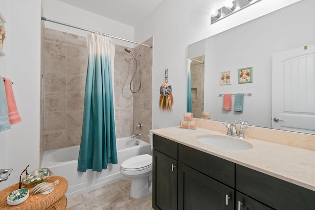 full bathroom featuring tile patterned flooring, vanity, shower / tub combo with curtain, and toilet