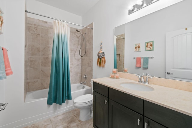 full bathroom with vanity, shower / tub combo with curtain, tile patterned floors, and toilet