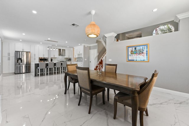 dining area with marble finish floor, recessed lighting, visible vents, stairway, and ornamental molding