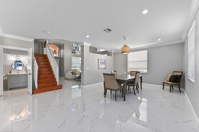 dining area featuring recessed lighting, visible vents, baseboards, stairs, and marble finish floor