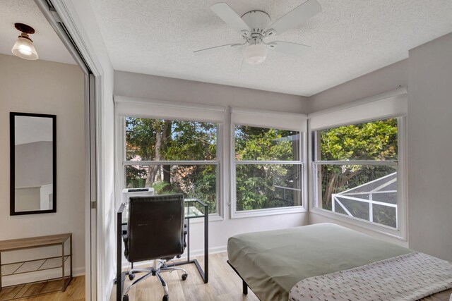 bedroom featuring multiple windows, a textured ceiling, and light wood-type flooring