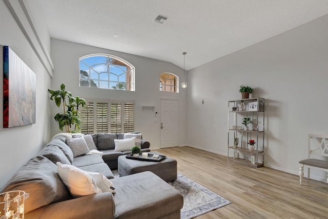 living room with high vaulted ceiling and light hardwood / wood-style flooring