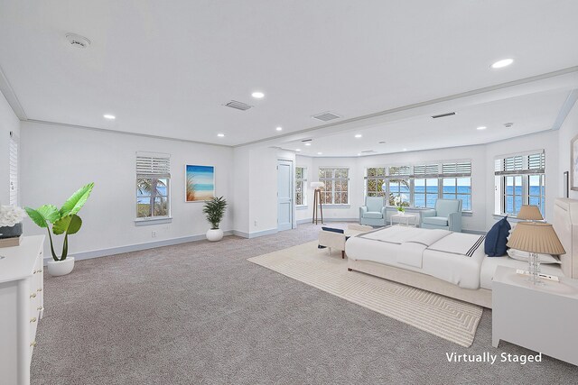 living room featuring crown molding and light hardwood / wood-style floors