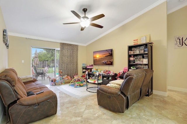 living room featuring lofted ceiling, ornamental molding, and ceiling fan