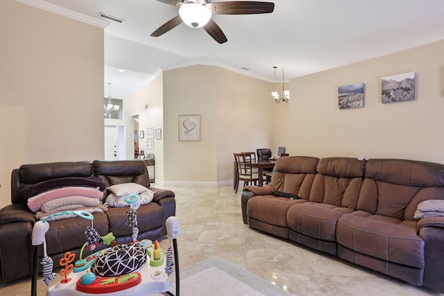 living room with crown molding and ceiling fan with notable chandelier